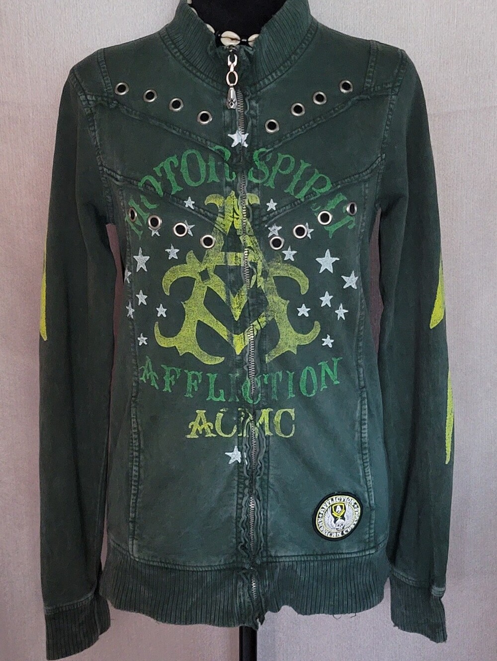 Affliction Dark Green Graphic Zip-Front Utility Jacket with Yellow Accents